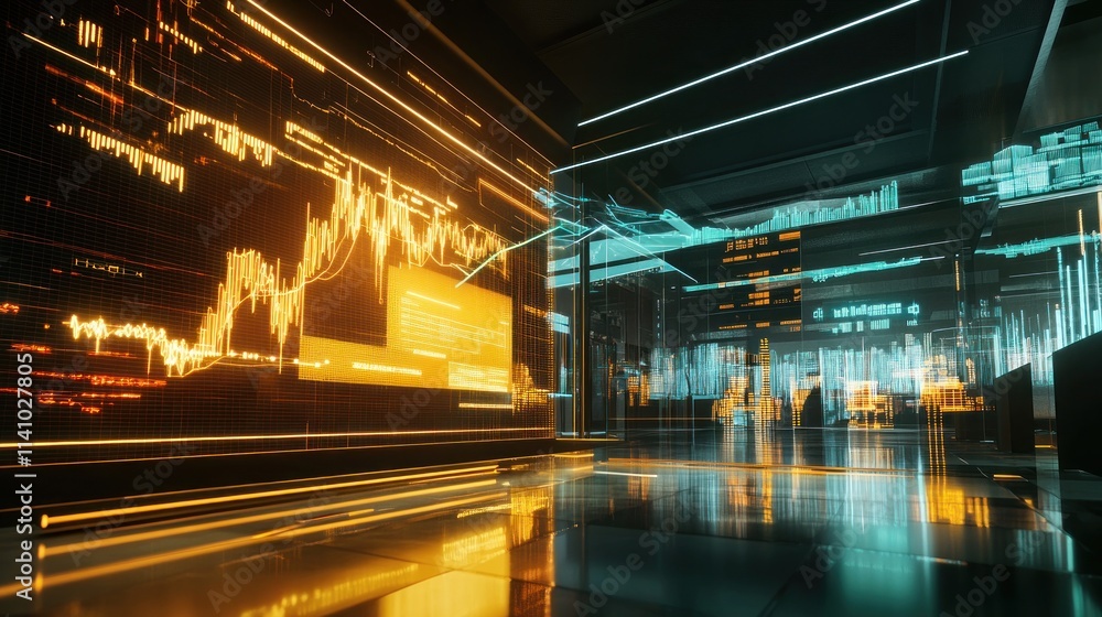 Poster a futuristic data center with glowing graphs and digital displays.