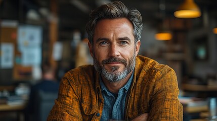 Obraz premium Confident Middle-Aged Man in a Coffee Shop