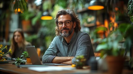Confident Man Working in a Lush Greenhouse Setting