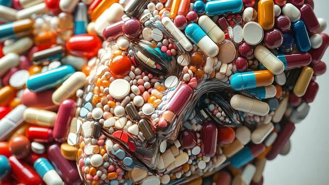 Pill-Shaped Portrait: A striking and thought-provoking image of a face formed entirely from a multitude of colorful pills and capsules.