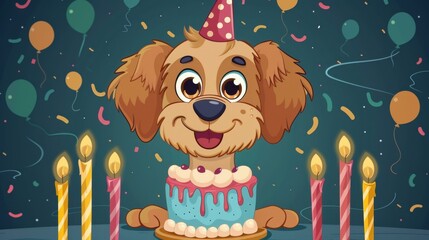 Naklejka premium Cartoon dog face with a birthday cake, celebration background with candles