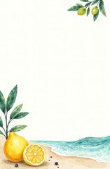 Summer background with lemon, olives and sea. Hand drawn illustration. Ideal for menu covers, posters, signs and other printed and digital materials.