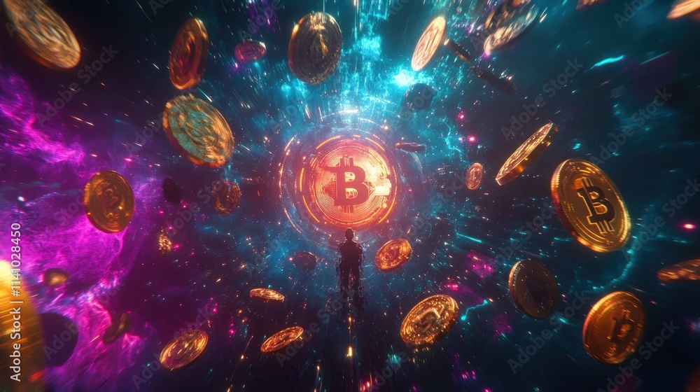 Poster a digital representation of bitcoin amidst a cosmic backdrop of floating coins.