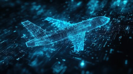 A digital representation of an airplane in a futuristic, technological style.