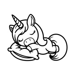 fun cartoon character of cute sleeping unicorn isolated drawing line art style sketch classic vintage design illustration