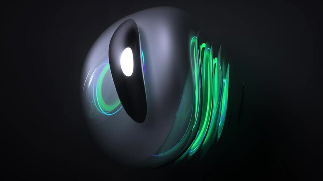 3d video animation of surreal mystic alien ball or sphere sculpture in curved wavy organic lines forms in deformation process in silver glossy metal material with green neon laser round stripe
