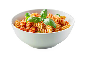 A white bowl of pasta with tomato sauce and fresh basil leaves on a transparent background