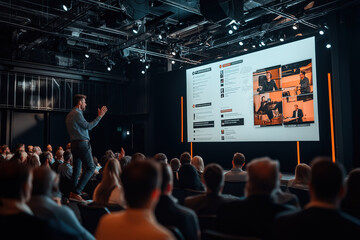Engaging presentation in a modern auditorium with a large screen displaying multiple speakers