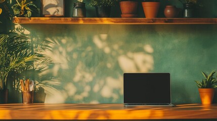 Stylish office workspace with a laptop on a wooden surface, spacious layout perfect for branding, presentations, or stock images