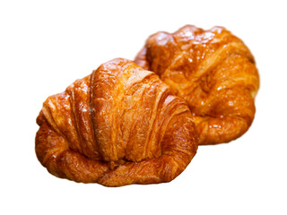 Delicate croissant with crumbly crust, filled with soft warm filling, ready to use with coffee, tea, cocoa. Pastries are served on plate, outdoor cafe, street food, snack on go. Isolated over white