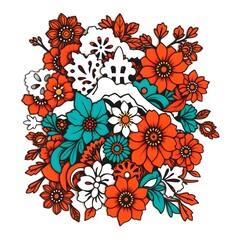 Fototapeta premium Traditional tattoo art print pile of white snow cutouts, warm terracotta and cool teal, earthy contrast, vibrant colors, retro style, complex ornamental details, white background 