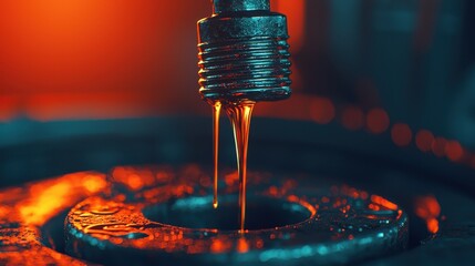 Fototapeta premium Close-up of a metal pipe with oil dripping from it, set against a vibrant orange background, emphasizing texture and industrial elements.