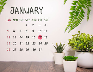 Cube shape calendar for January 17 on wooden surface with empty space for text
