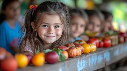 Fototapeta premium Girl Smiling Among Colorful Fruits and Vegetables