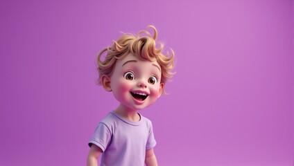 Fototapeta premium Smiling cartoon child expressing happiness on purple background