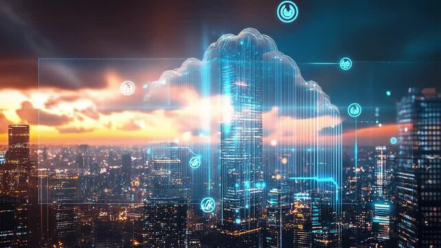 Cloud Computing: A glowing cloud icon emerges over a bustling cityscape at sunset, symbolizing the transformative power of cloud technology. The image evokes a sense of connectivity, innovation.