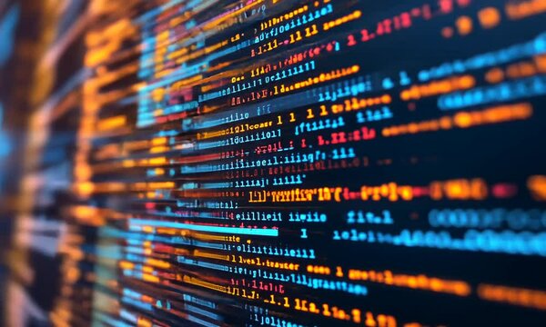 Abstract colorful programming code on computer monitor.