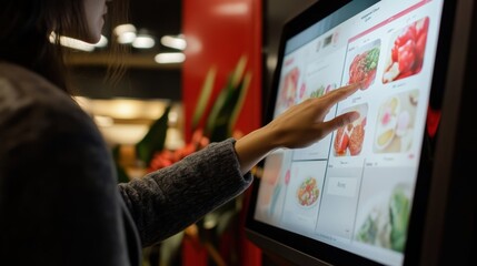 An intricate closeup of a sleek modern kiosk featuring a userfriendly touchscreen where a customer selects options and personalizes an order.