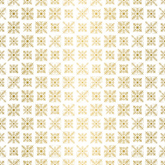 Geometric gold foil seamless snowflake texture on white background. Elegant vector pattern for prints, Christmas and New Year cards, invitations and wrapping paper.