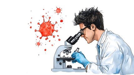 Scientist Examining Virus Under Microscope with Colorful Illustration