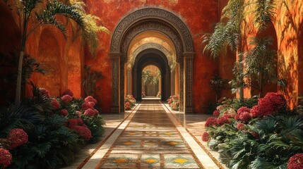 Ornate arches, lush plants, sunlit pathway.
