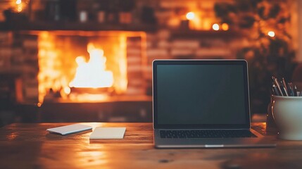 Minimalist workspace with open laptop on a wooden desk, clean and organized layout ideal for creative work or office projects