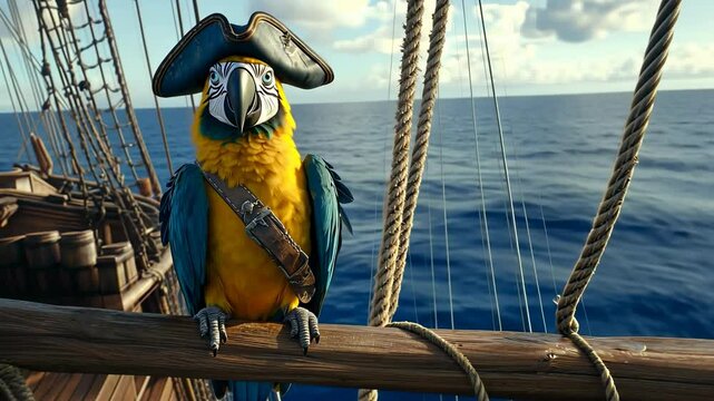Parrot wearing pirate hat posing on a ship