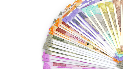 Fan arrangement of Indian Rupee currency banknotes in various denominations.