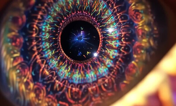Intricate, iridescent eye with fractal, glowing details.