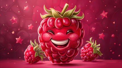 Cheerful cartoon raspberry with a wink, red background with stars