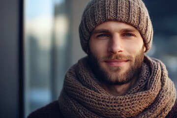 Stylish man in hat and scarf for fall and winter.