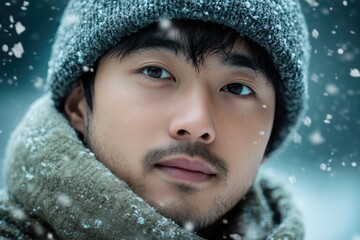 Handsome winter asian man in knitted woolen clothing hat