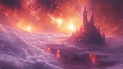 Obraz premium Crimson sky, cloud city, fiery glow.