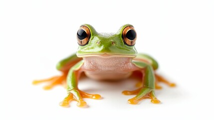 Obraz premium A Beautiful and Vibrant Green Frog Sitting Gracefully on a Clean White Background Surface