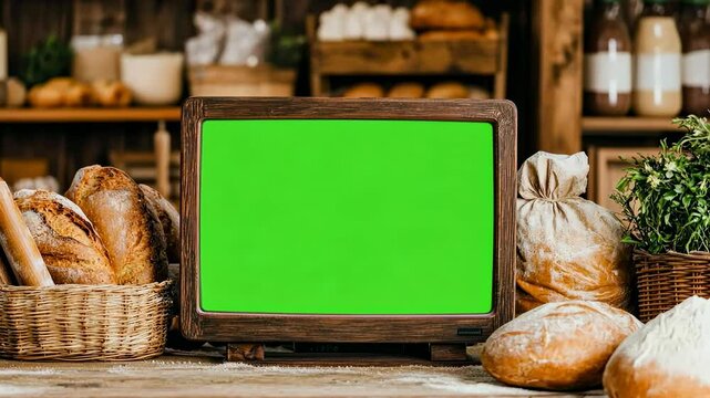 Vintage television showing green screen in bakery