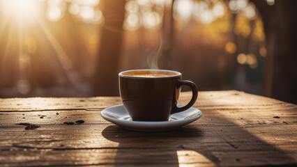Obraz premium A cup of coffee on a wooden table, a leaf beside the coffee, Winter, morning sunlight and hot drink.
