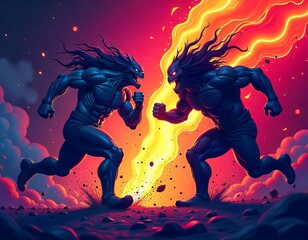 Epic clash of mythical warriors fueled by fire