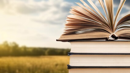 Scriptures on pages open book at bright sunset background