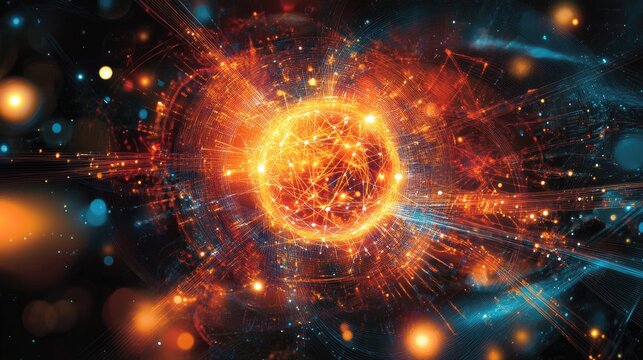 Abstract fiery sphere with energy lines and glowing particles.