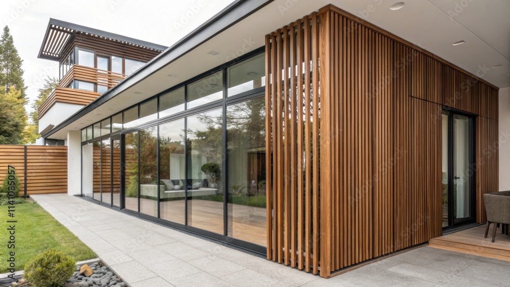 Poster natural light floods into a contemporary home through large glass windows, highlighting the elegant 