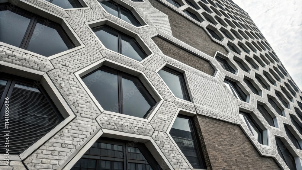 Aufkleber Modern building facade showcasing an intriguing design with hexagonal windows and brick walls, creating a visually striking architectural pattern