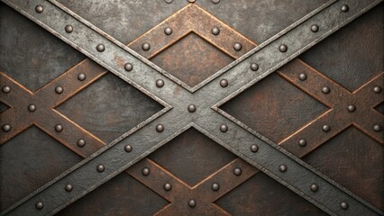 Fototapeta premium Rivets decorating a grunge metal plate, creating a cross design, ideal for backgrounds related to heavy metal, industrial style, or vintage steampunk aesthetics