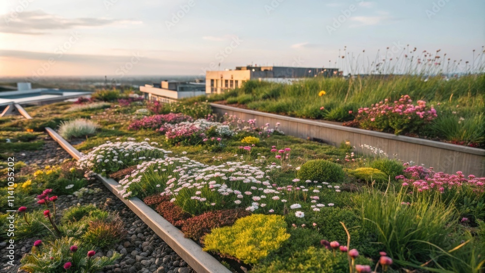 Poster beautiful flowering meadow growing on an extensive green roof system is creating a vibrant and ecolo
