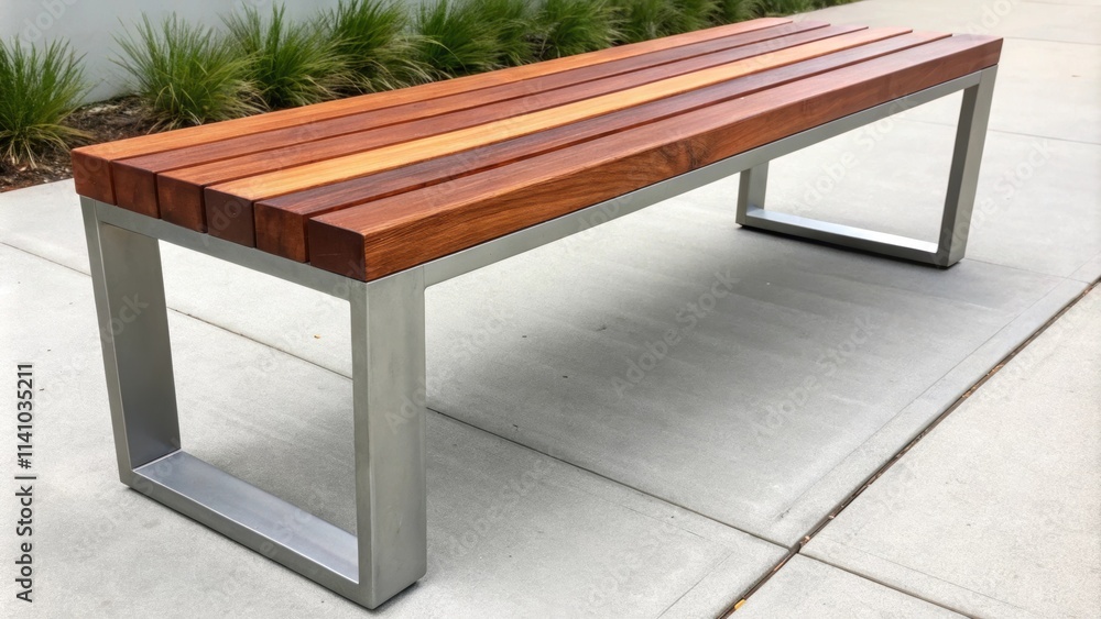 Poster empty modern bench with metal frame and wooden slats invites passersby to rest in a public space, bl