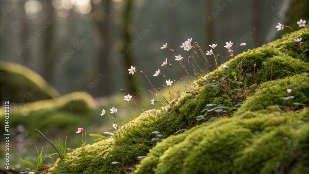 Poster soft pink flowers rising from vibrant green moss create a captivating scene of natural beauty in a t