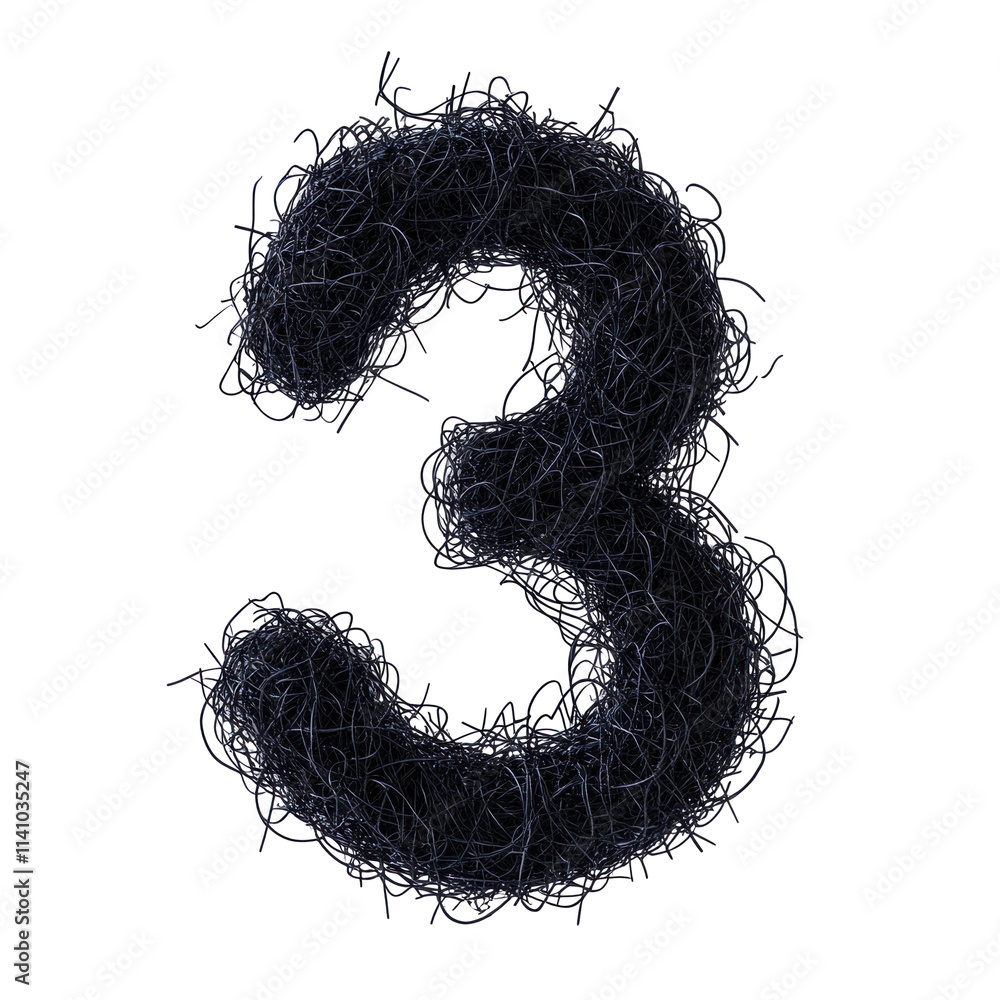 Aufkleber a 3d rendering of the number 3 made from tangled black wire.