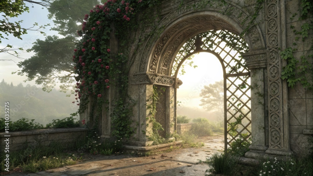 Poster Sunlight streams through an ancient stone archway adorned with climbing roses and vines, leading to a misty, ethereal landscape, evoking a sense of mystery and tranquility