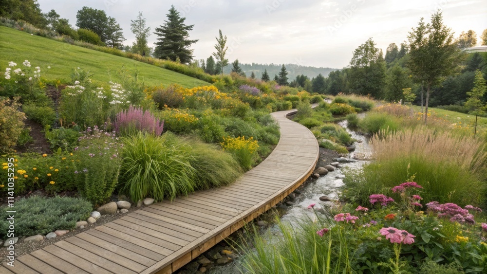 Poster picturesque wooden walkway meanders through a vibrant garden, alongside a gently flowing stream, ado