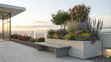Obraz premium Soothing rooftop garden design offers a tranquil escape with a modern bench amidst vibrant flowers, lush greenery, and the warm glow of a setting sun, creating a peaceful urban oasis