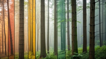 Vertical stripes revealing the vibrant colors of the four seasons within a misty forest, creating a colorful and evocative atmosphere filled with natural beauty and tranquility